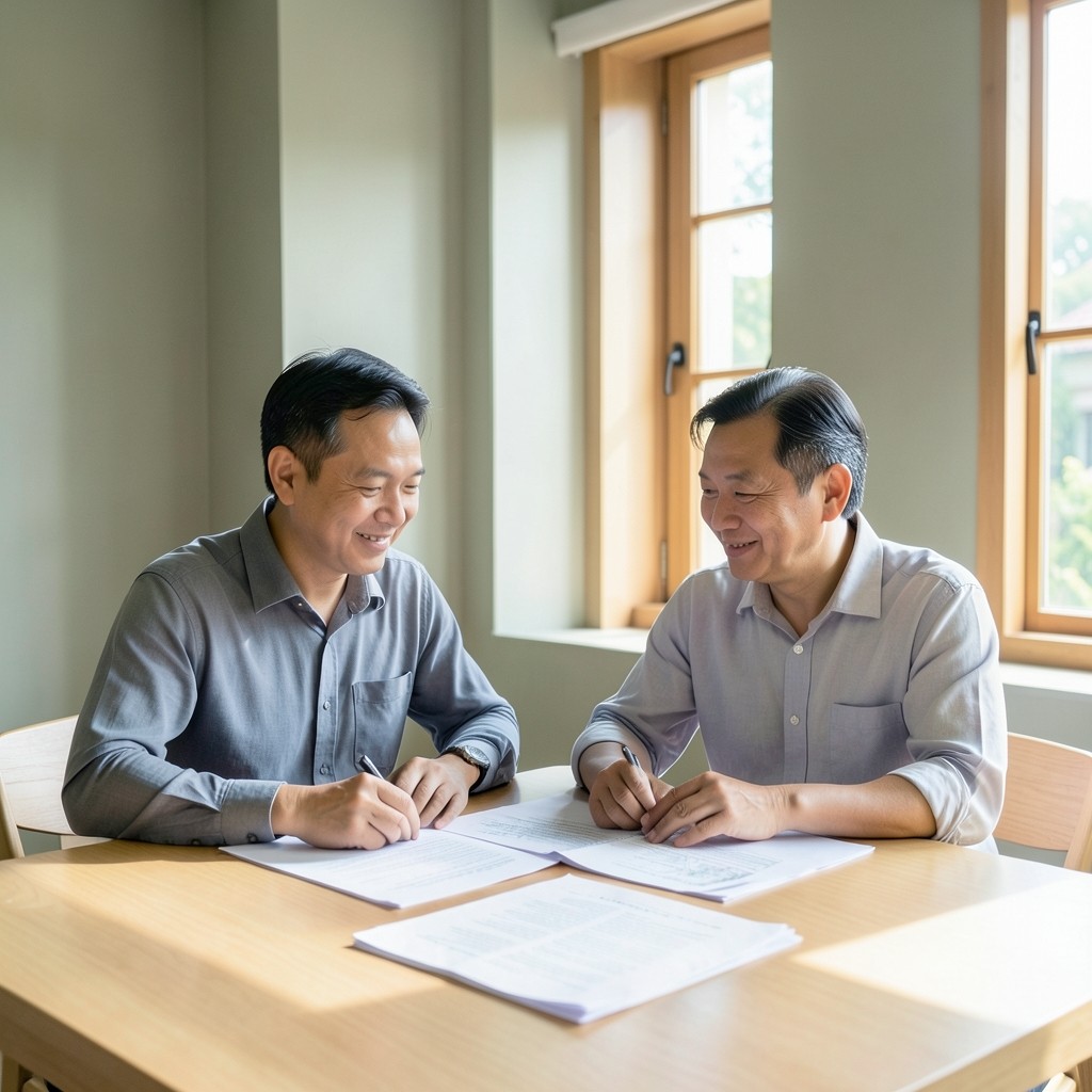 Two colleagues reviewing printed field notes at a bright table near a window in Hanoi