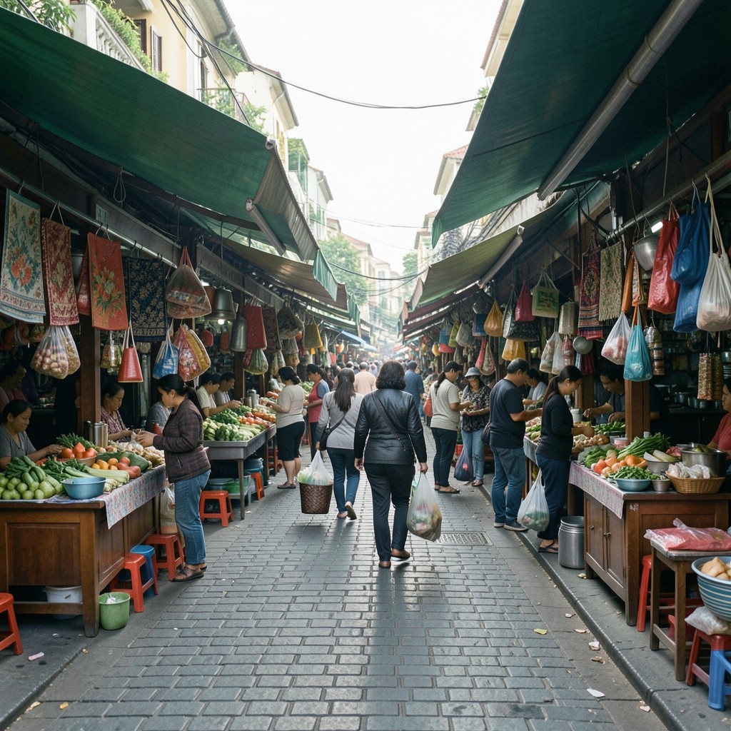 Wide view of a busy Hanoi neighborhood market street with shaded stalls and soft daylight