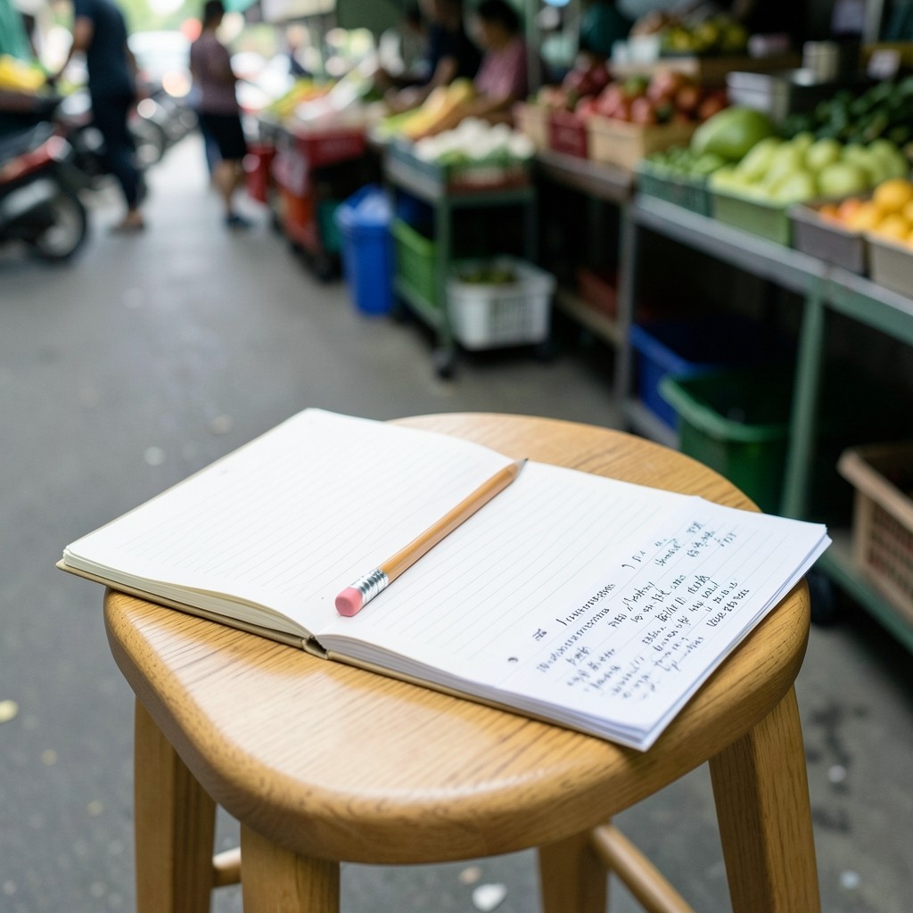 Notebook and observation materials resting near a neighborhood market aisle in soft natural light