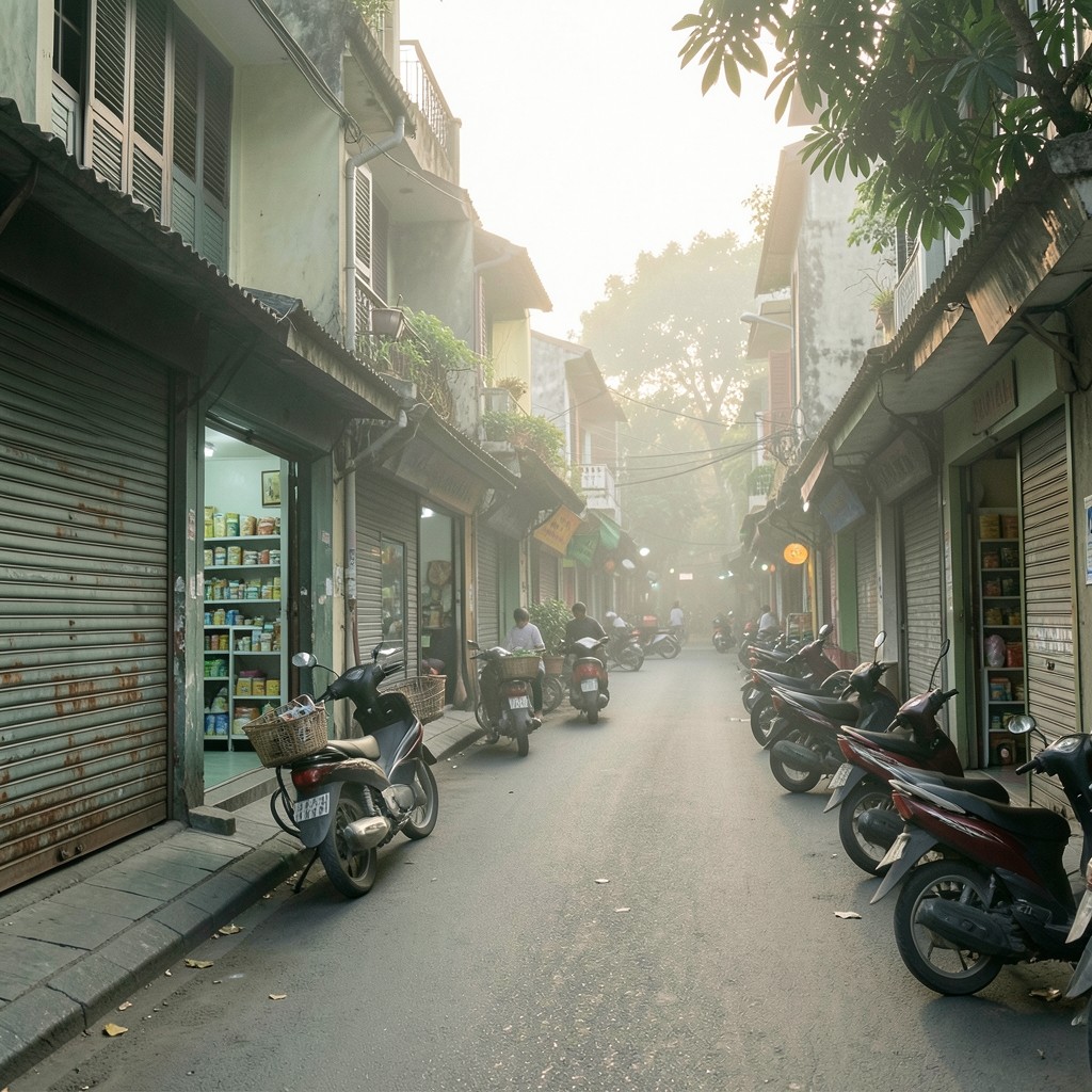 Quiet morning view along a Hanoi retail street with neighborhood storefronts and soft daylight