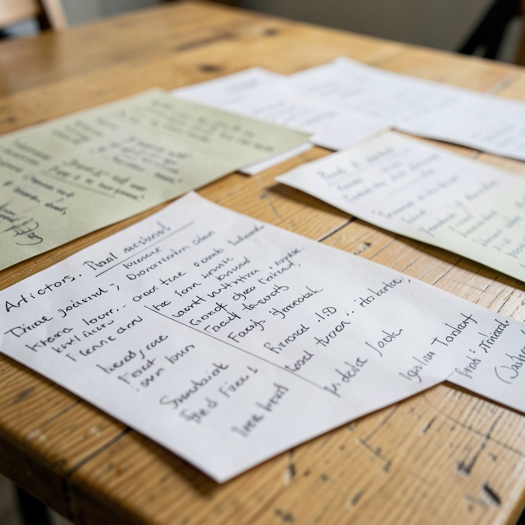 Close view of annotated retail observation pages spread on a wooden table